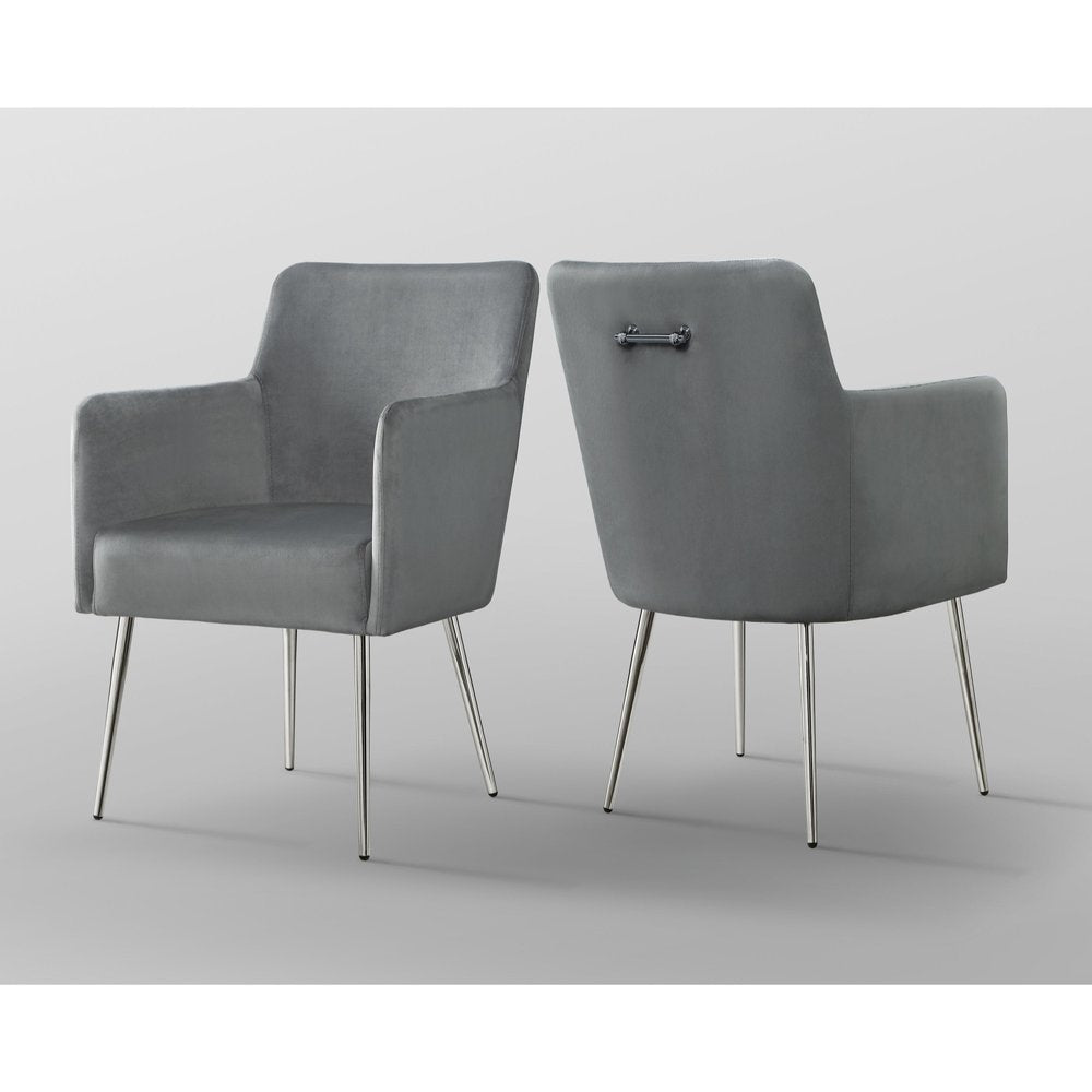 Set of Two Light Gray And Silver Upholstered Velvet Dining Arm Chairs