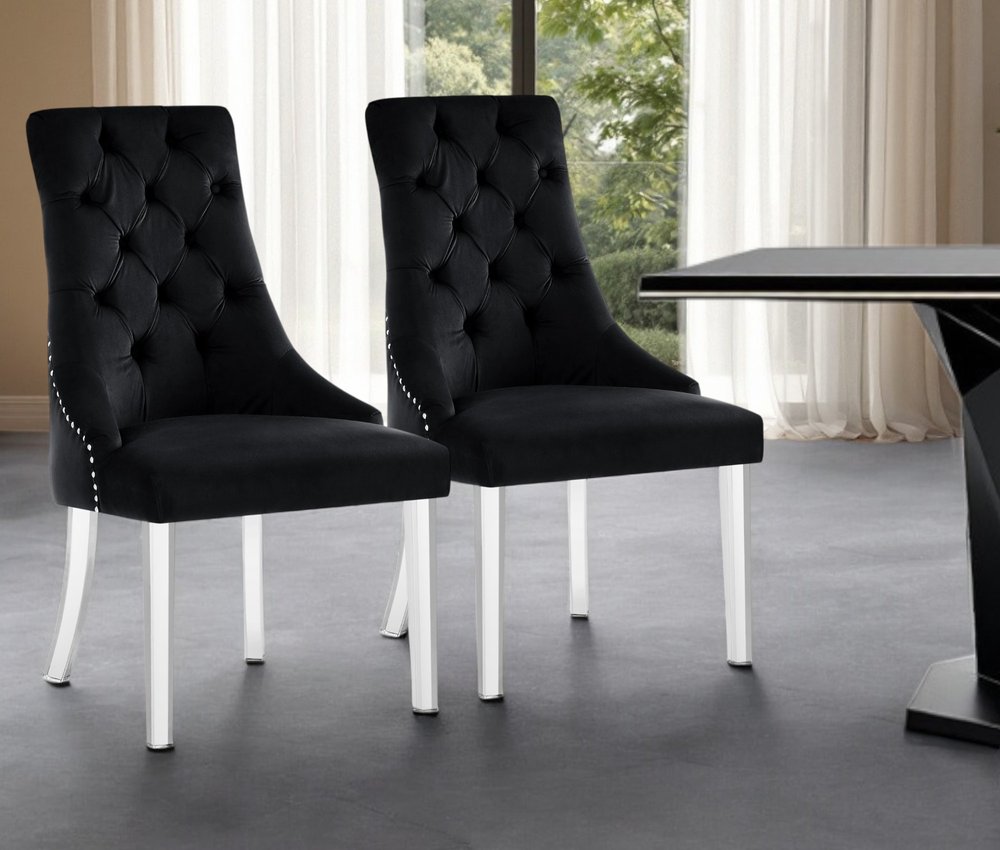Set of Two Tufted Black and Clear Upholstered Velvet Dining Side Chairs