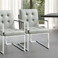 Set of Two Tufted Light Gray and Silver Metallic Upholstered Faux Leather Dining Arm Chairs