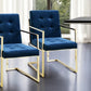 Set of Two Tufted Navy Blue and Gold Upholstered Velvet Dining Arm Chairs