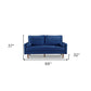 69" Blue Velvet Sofa And Toss Pillows With Dark Brown Legs