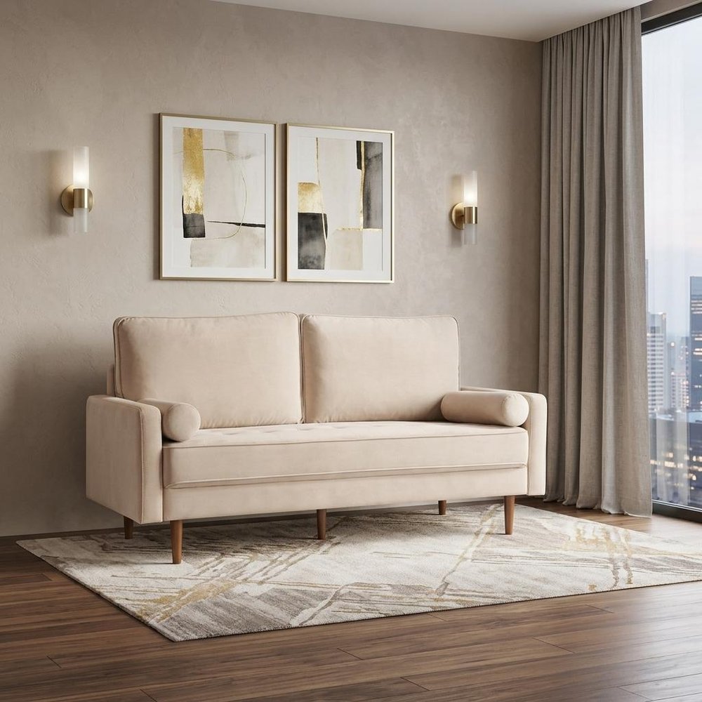 69" Beige Velvet Sofa And Toss Pillows With Dark Brown Legs