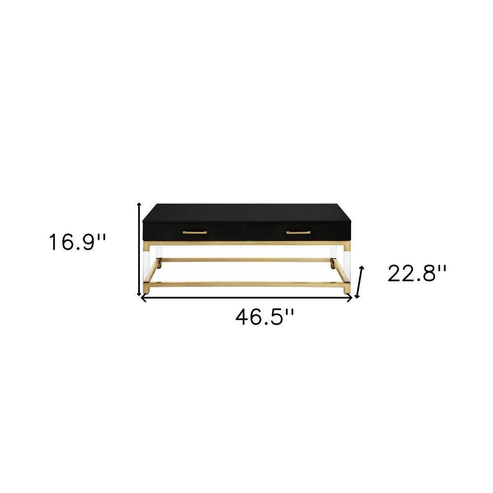 47" Black Gold And Clear Wood Acrylic And Steel Coffee Table