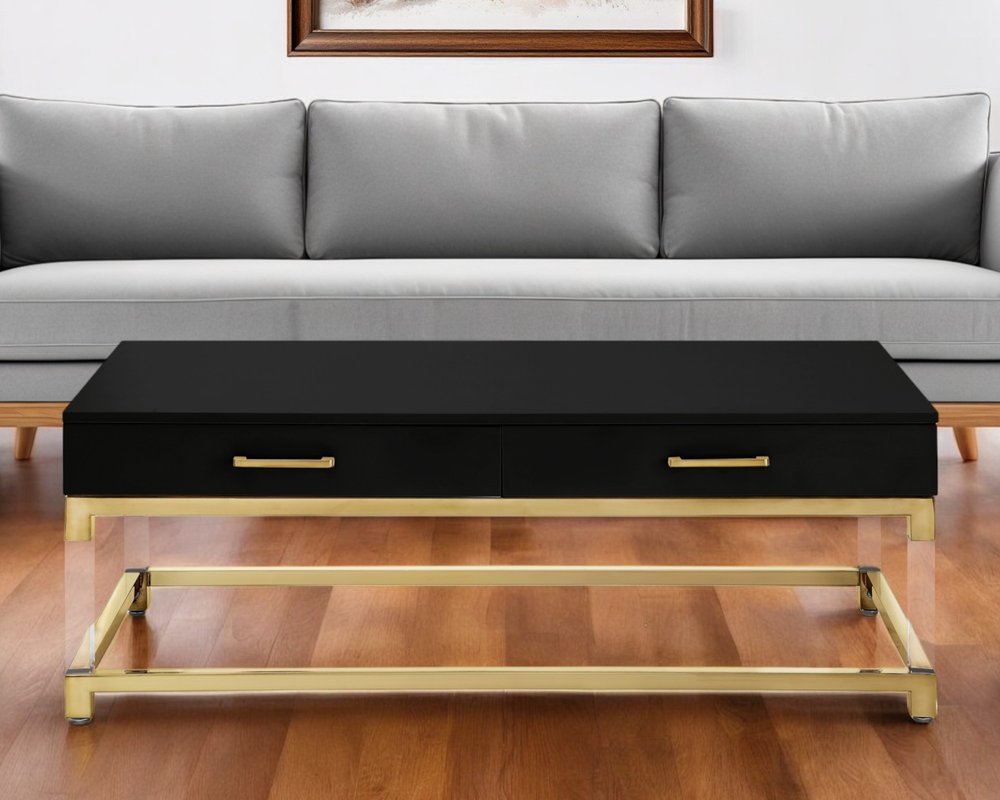 47" Black Gold And Clear Wood Acrylic And Steel Coffee Table