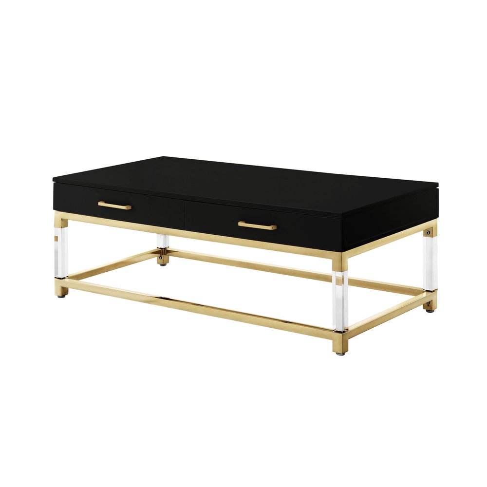 47" Black Gold And Clear Wood Acrylic And Steel Coffee Table