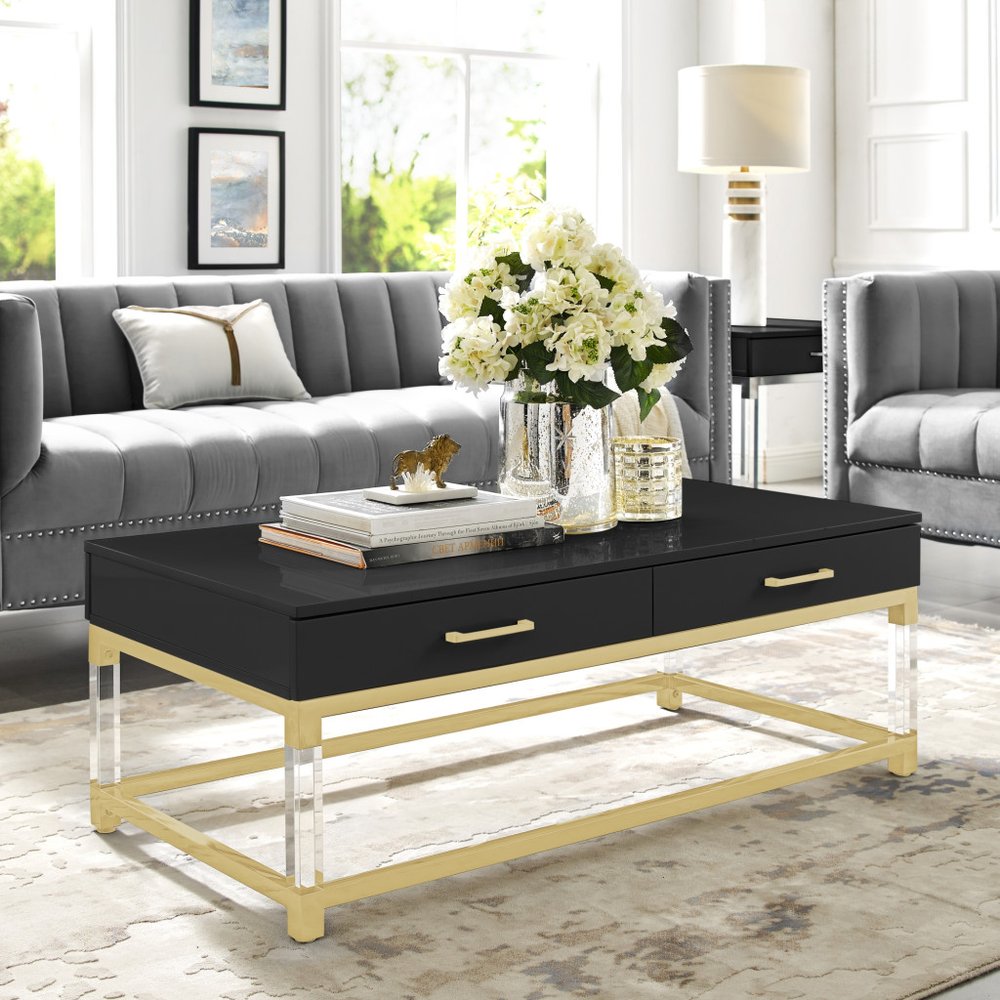 47" Black Gold And Clear Wood Acrylic And Steel Coffee Table