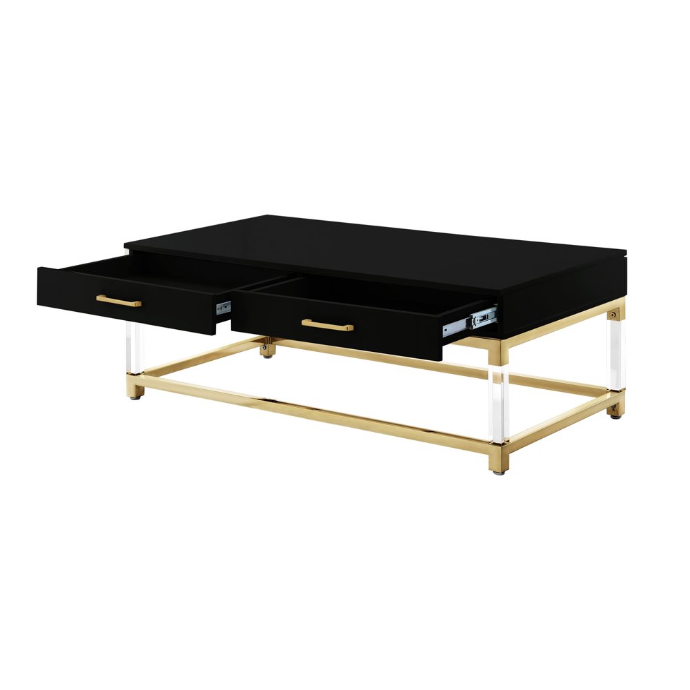 47" Black Gold And Clear Wood Acrylic And Steel Coffee Table