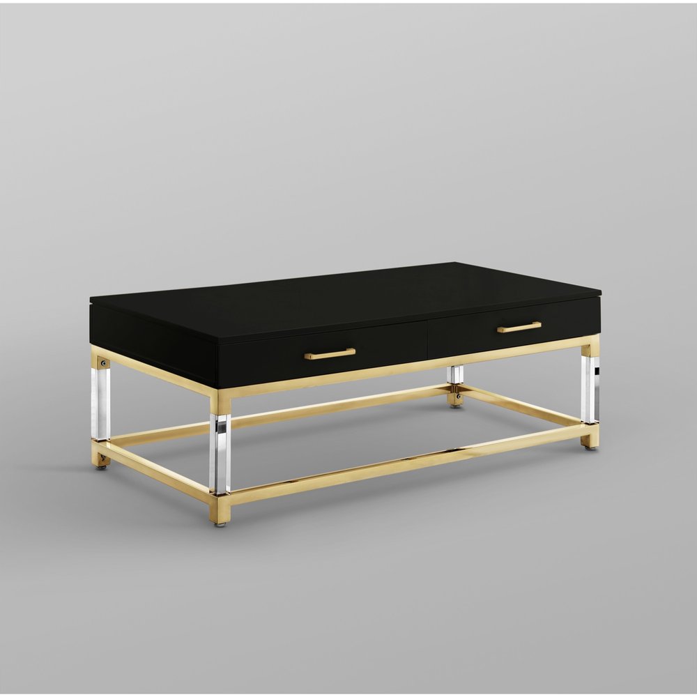47" Black Gold And Clear Wood Acrylic And Steel Coffee Table
