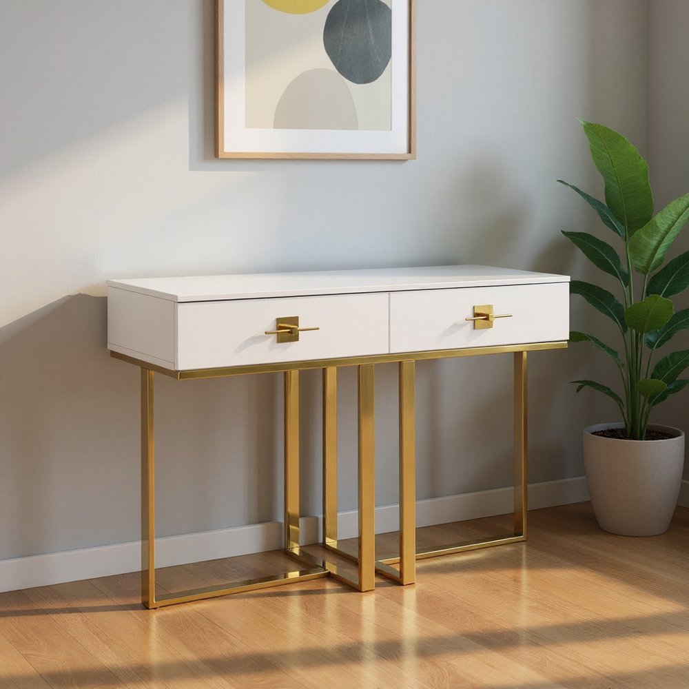 47" White Wood and Gold Stainless Steel Sled Console Table With Two Drawers