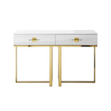 47" White Wood and Gold Stainless Steel Sled Console Table With Two Drawers