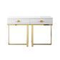 47" White Wood and Gold Stainless Steel Sled Console Table With Two Drawers