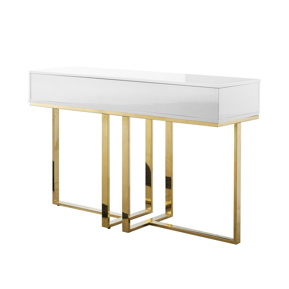 47" White Wood and Gold Stainless Steel Sled Console Table With Two Drawers