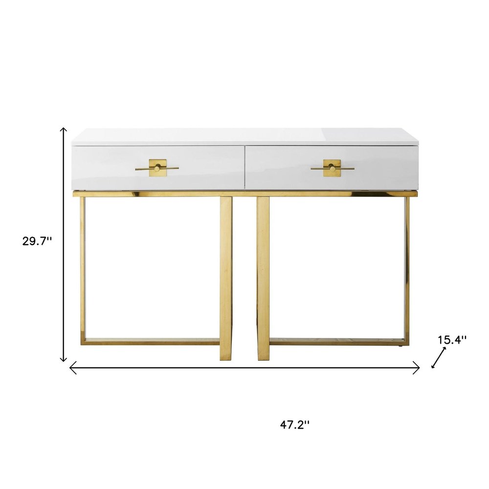 47" White Wood and Gold Stainless Steel Sled Console Table With Two Drawers