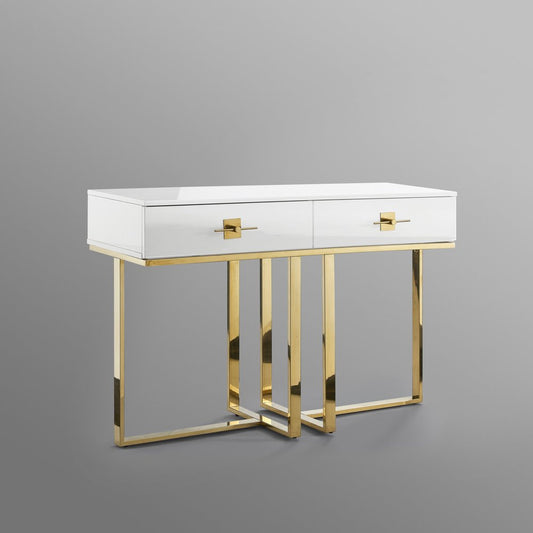 47" White Wood and Gold Stainless Steel Sled Console Table With Two Drawers