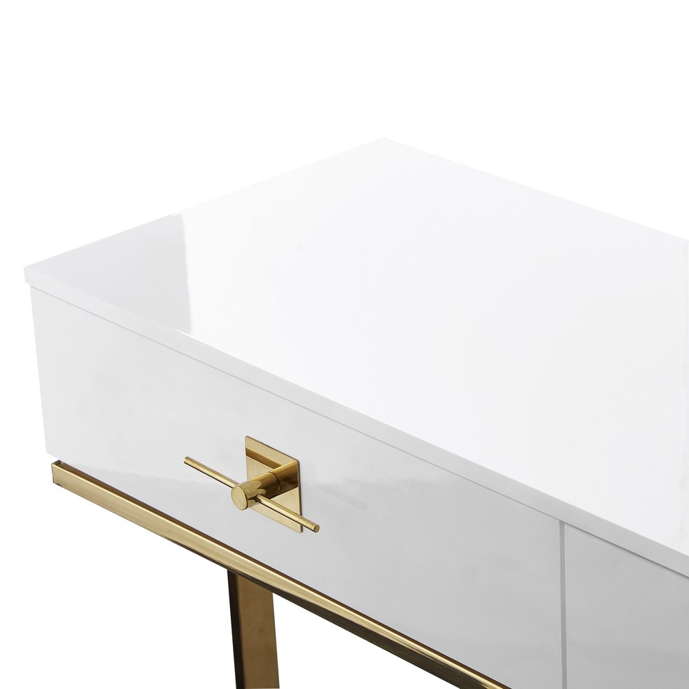 47" White Wood and Gold Stainless Steel Sled Console Table With Two Drawers