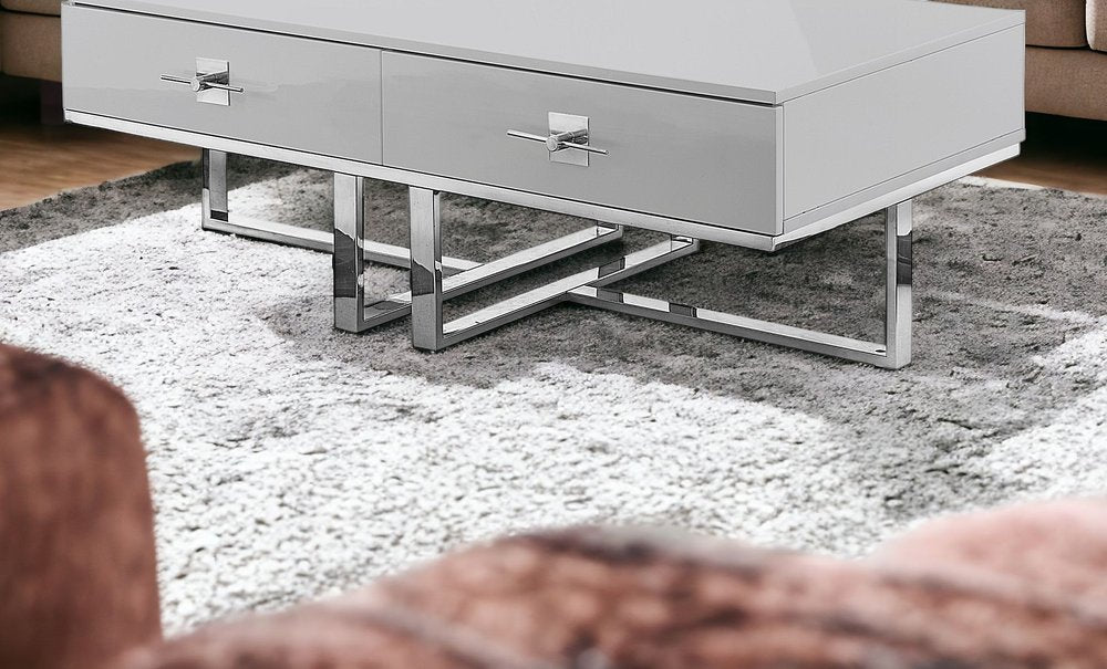 47" Light Gray And Silver Metallic Stainless Steel Coffee Table With Two Drawers