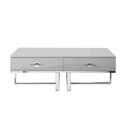47" Light Gray And Silver Metallic Stainless Steel Coffee Table With Two Drawers