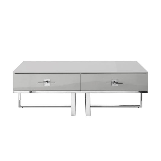 47" Light Gray And Silver Metallic Stainless Steel Coffee Table With Two Drawers