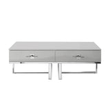 47" Light Gray And Silver Metallic Stainless Steel Coffee Table With Two Drawers