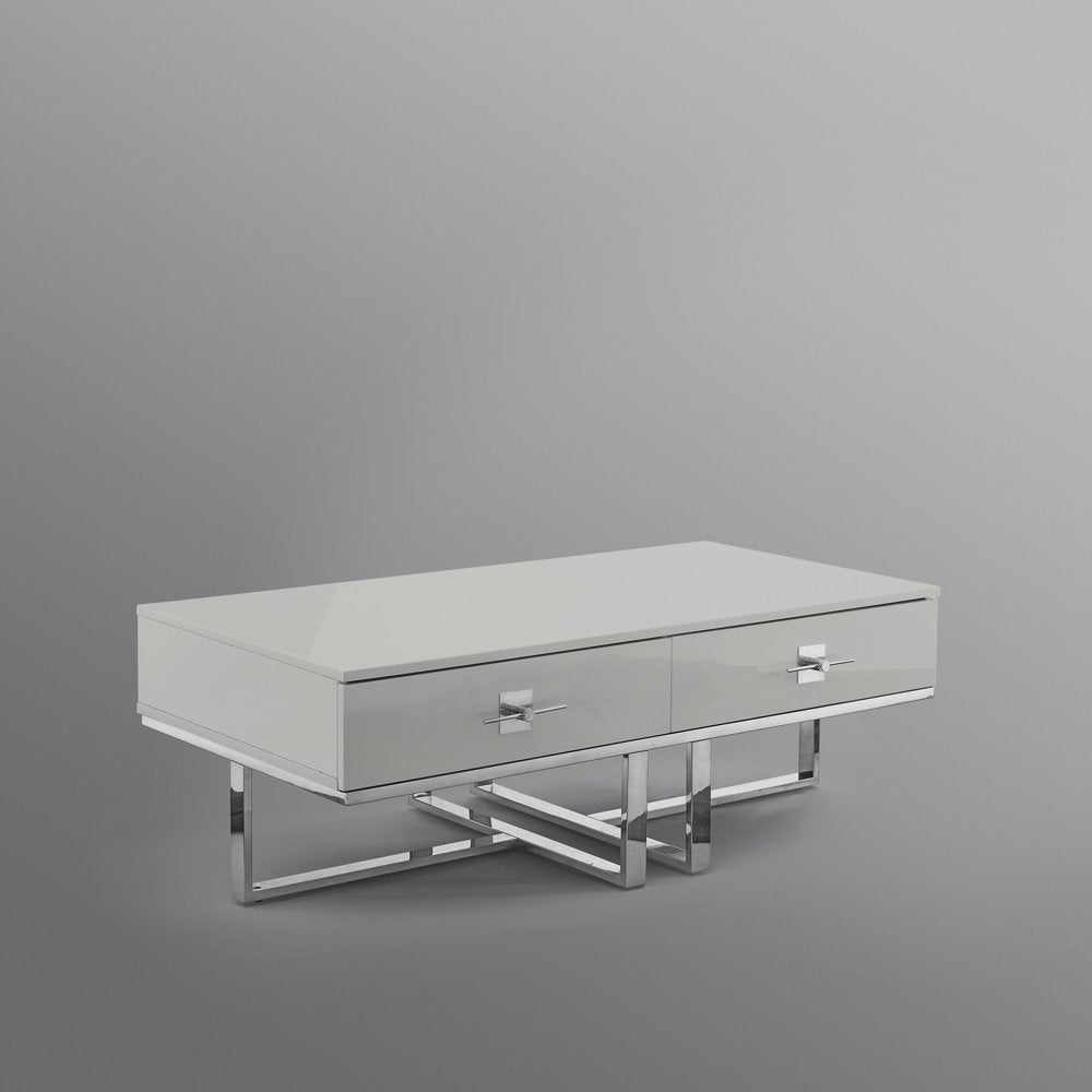 47" Light Gray And Silver Metallic Stainless Steel Coffee Table With Two Drawers