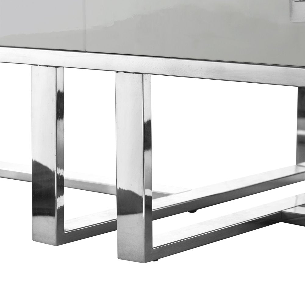 47" Light Gray And Silver Metallic Stainless Steel Coffee Table With Two Drawers
