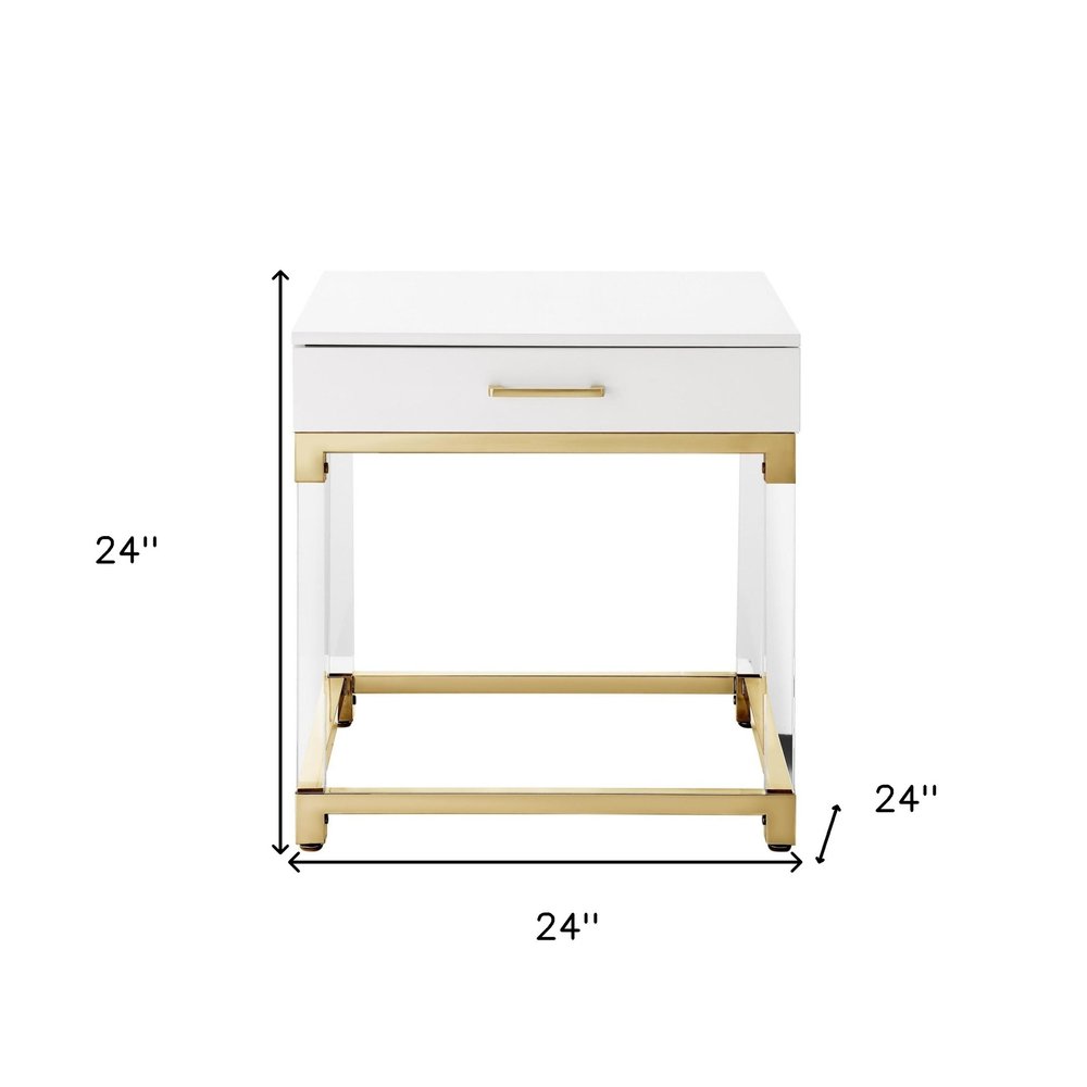 24" White and Gold Wood Acrylic and Stainless Steel Square End Table With Drawer