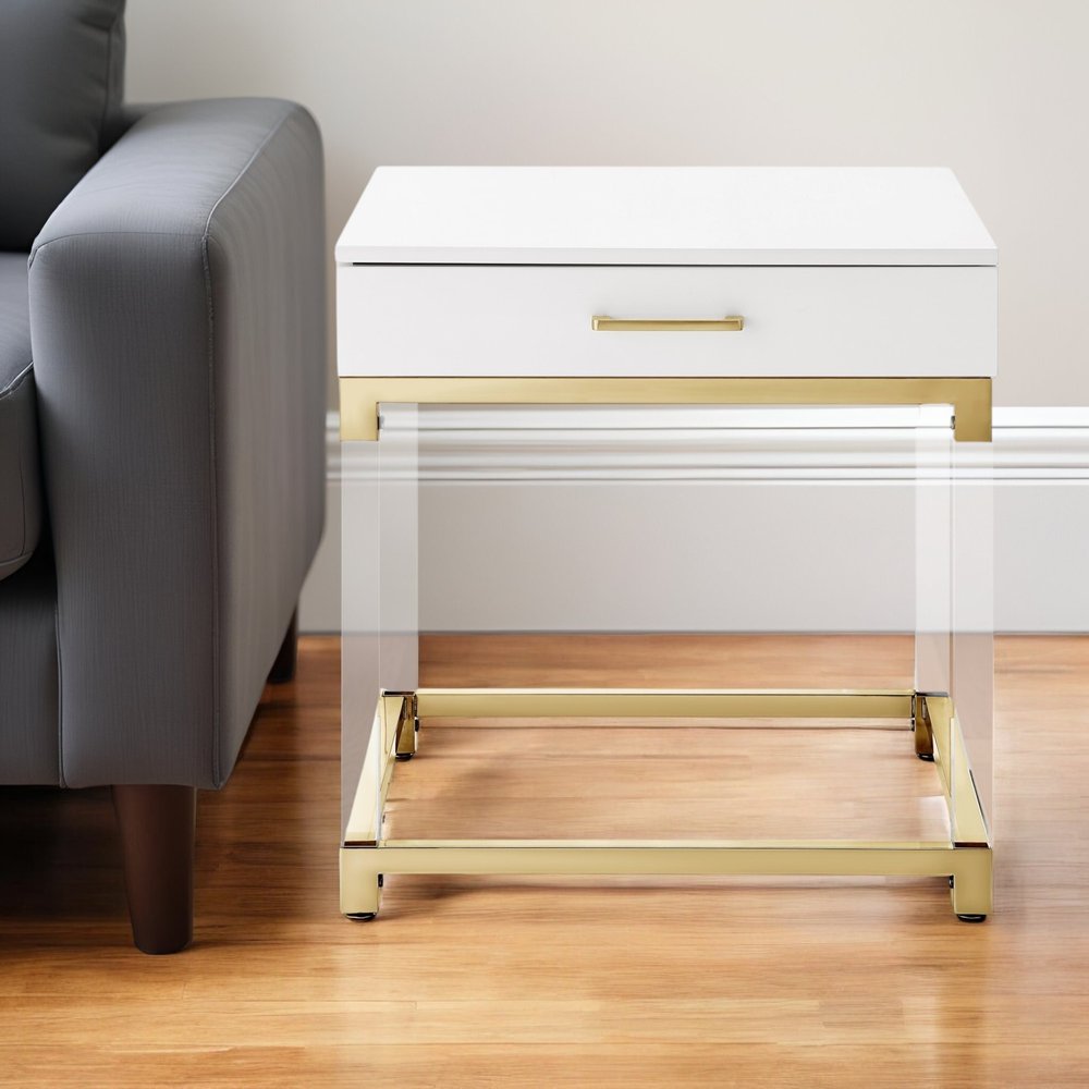 24" White and Gold Wood Acrylic and Stainless Steel Square End Table With Drawer