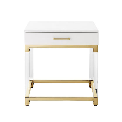 24" White and Gold Wood Acrylic and Stainless Steel Square End Table With Drawer