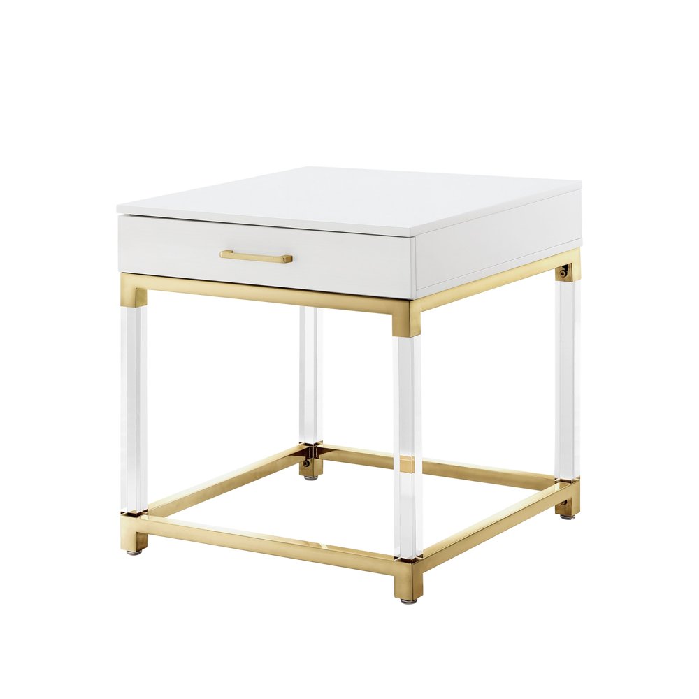 24" White and Gold Wood Acrylic and Stainless Steel Square End Table With Drawer