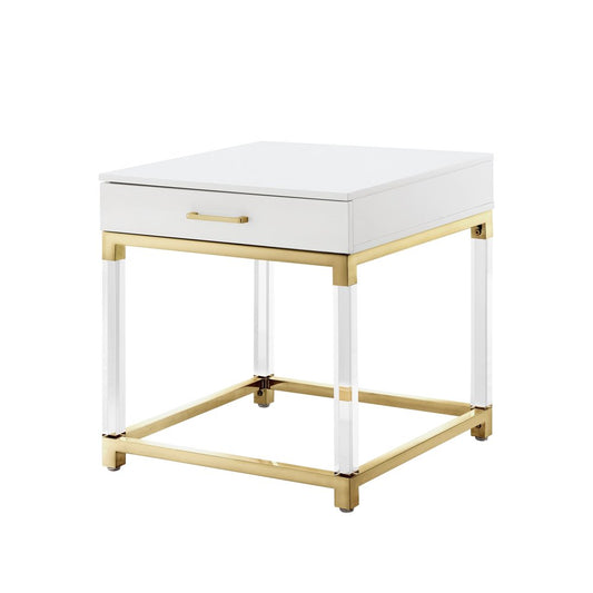 24" White and Gold Wood Acrylic and Stainless Steel Square End Table With Drawer