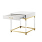 24" White and Gold Wood Acrylic and Stainless Steel Square End Table With Drawer