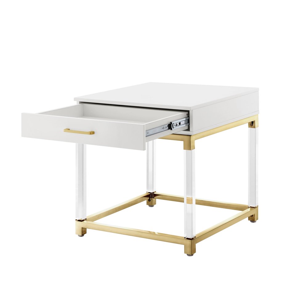 24" White and Gold Wood Acrylic and Stainless Steel Square End Table With Drawer