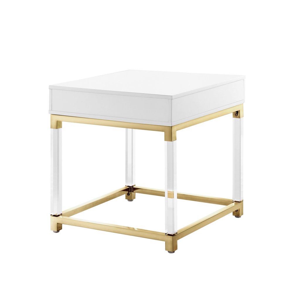 24" White and Gold Wood Acrylic and Stainless Steel Square End Table With Drawer
