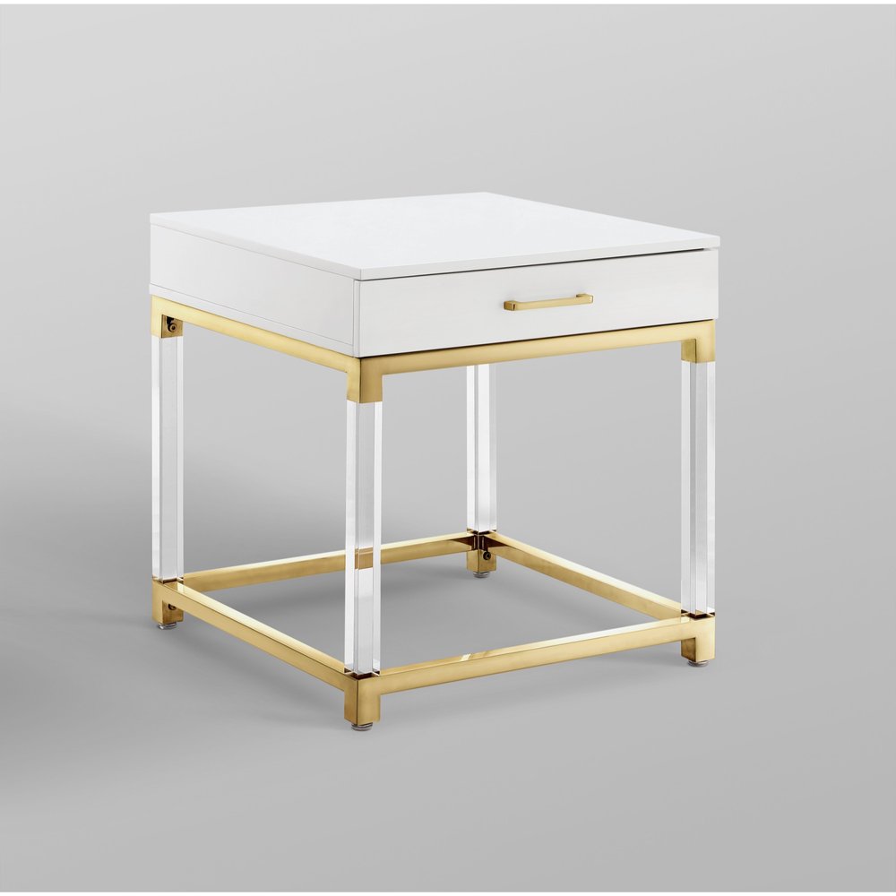 24" White and Gold Wood Acrylic and Stainless Steel Square End Table With Drawer