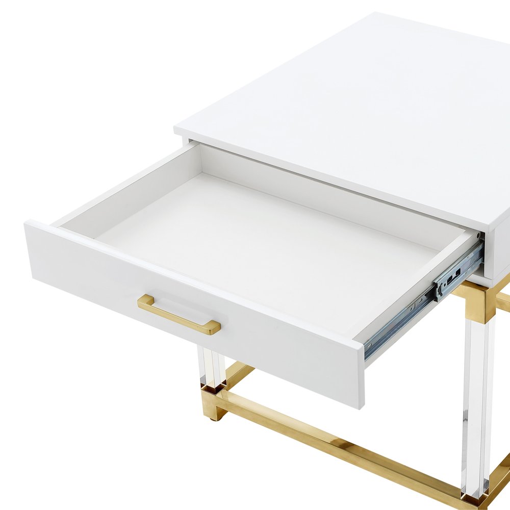 24" White and Gold Wood Acrylic and Stainless Steel Square End Table With Drawer