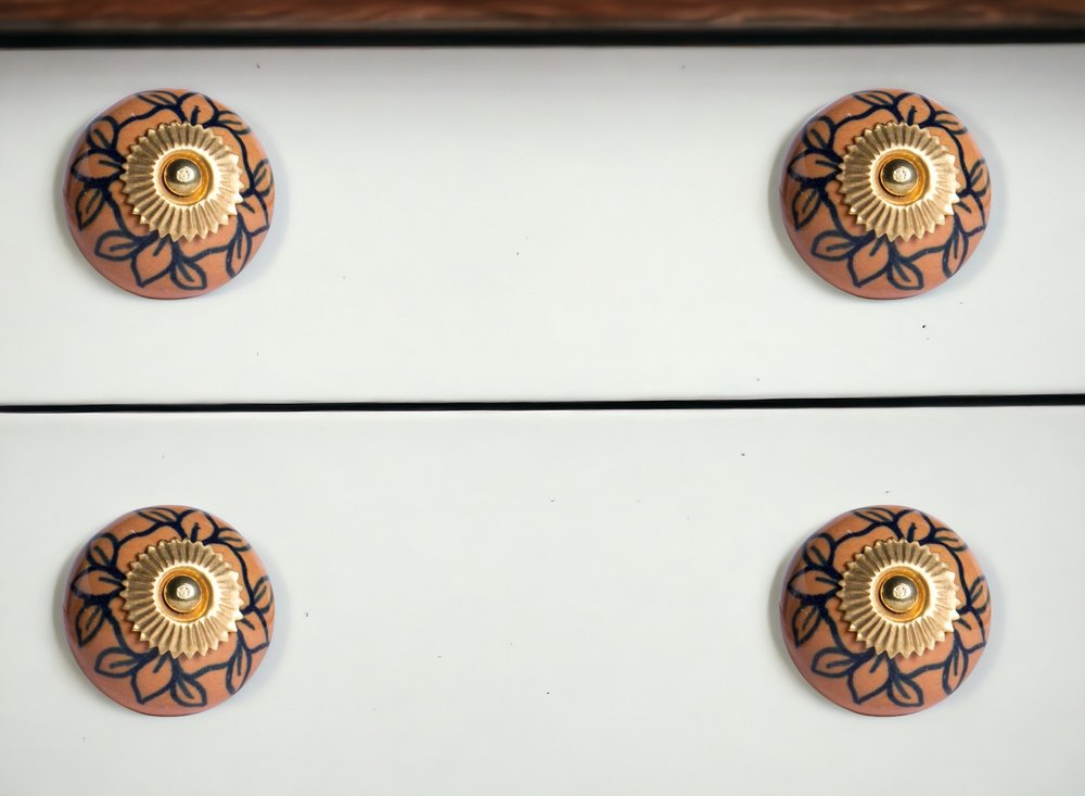 Set of Twelve Blue And Orange Ceramic And Metal Drawer Pull Knobs