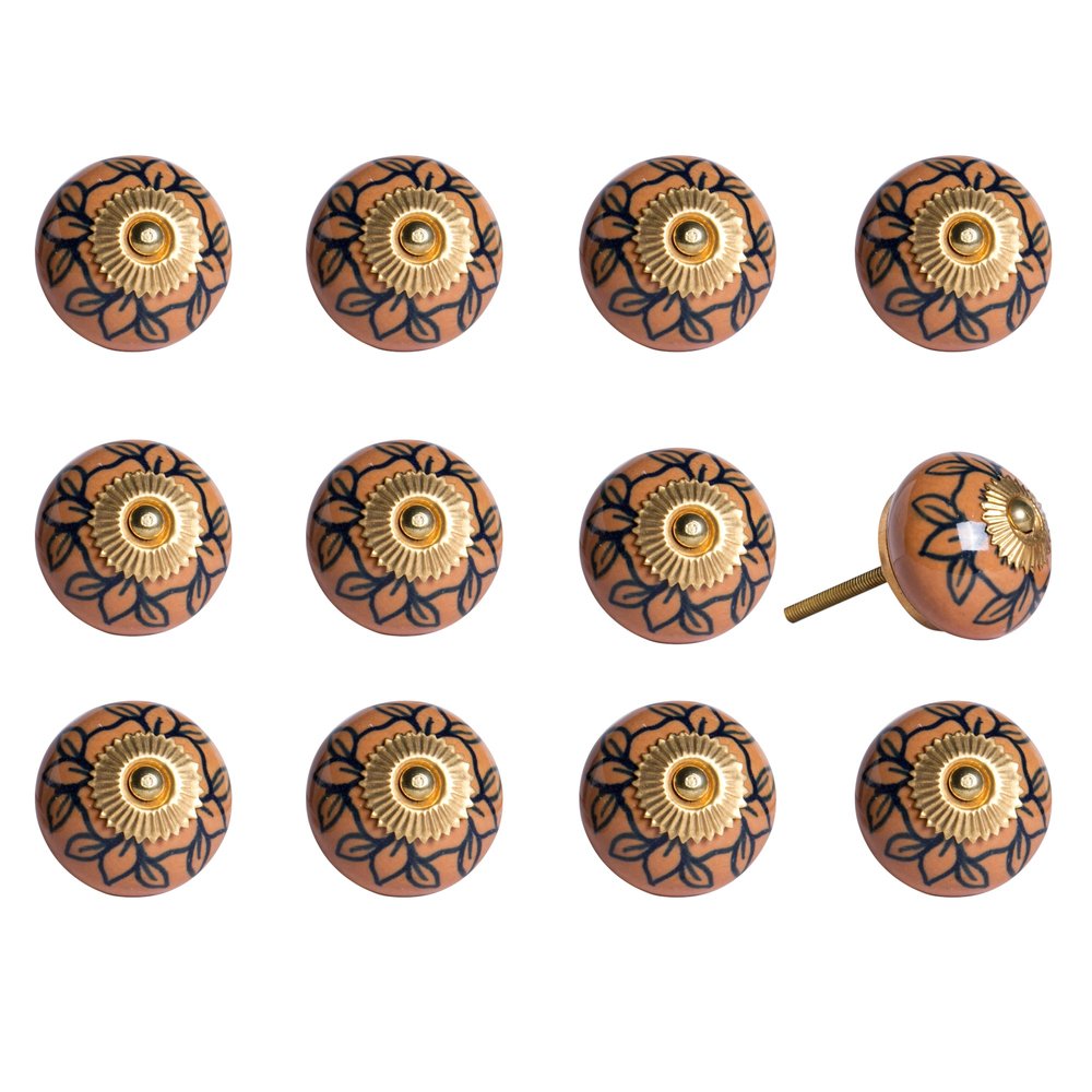 Set of Twelve Blue And Orange Ceramic And Metal Drawer Pull Knobs