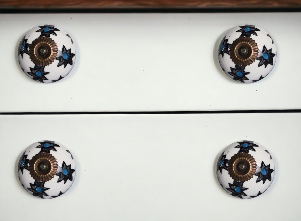 Set of Eight Black And White Ceramic And Metal Drawer Pull Knobs
