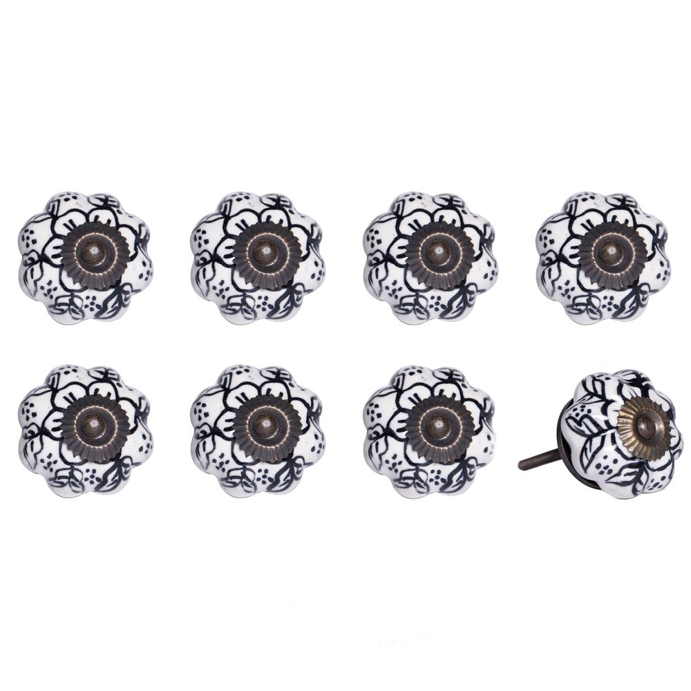 Set of Eight Black And White Ceramic And Metal Drawer Pull Knobs