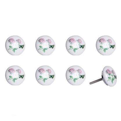 Set of Eight Light Pink And White Ceramic And Metal Floral Drawer Pull Knobs