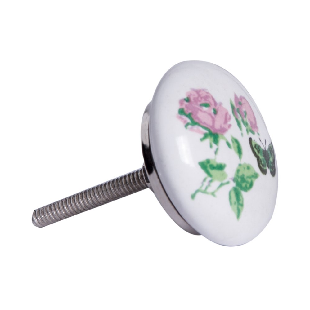 Set of Eight Light Pink And White Ceramic And Metal Floral Drawer Pull Knobs