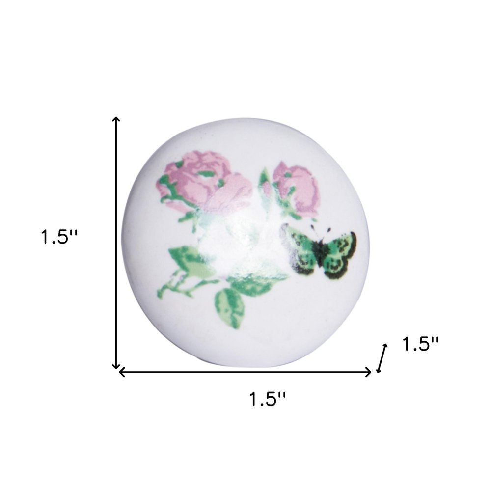 Set of Eight Light Pink And White Ceramic And Metal Floral Drawer Pull Knobs