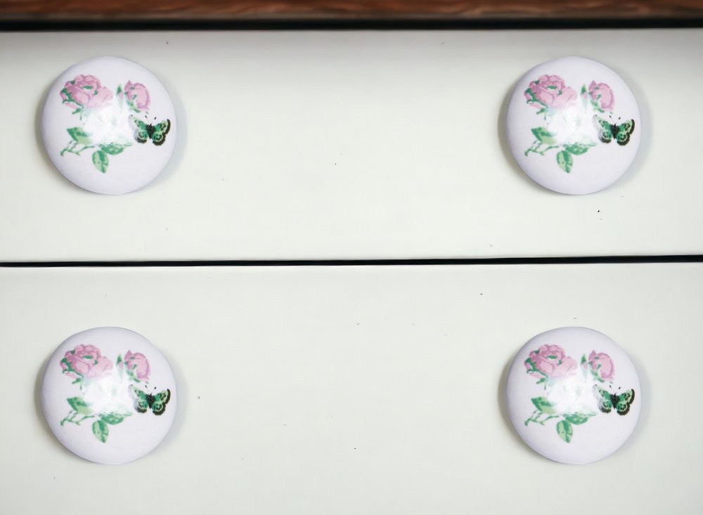 Set of Eight Light Pink And White Ceramic And Metal Floral Drawer Pull Knobs