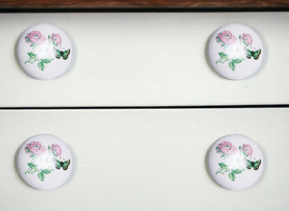 Set of Eight Light Pink And White Ceramic And Metal Floral Drawer Pull Knobs