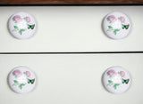 Set of Eight Light Pink And White Ceramic And Metal Floral Drawer Pull Knobs