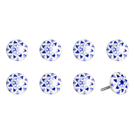 Set of Eight Blue And White Ceramic And Metal Drawer Pull Knobs