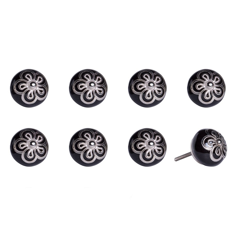 Set of Eight Black And Silver Ceramic And Metal Drawer Pull Knobs