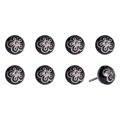 Set of Eight Black And Silver Ceramic And Metal Drawer Pull Knobs