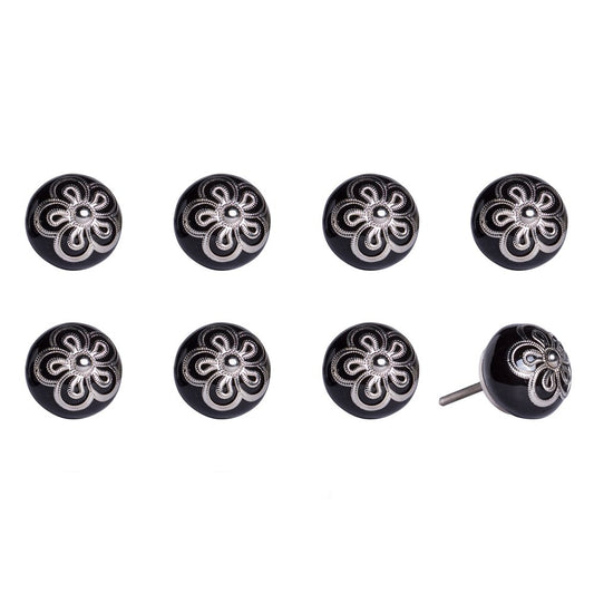 Set of Eight Black And Silver Ceramic And Metal Drawer Pull Knobs