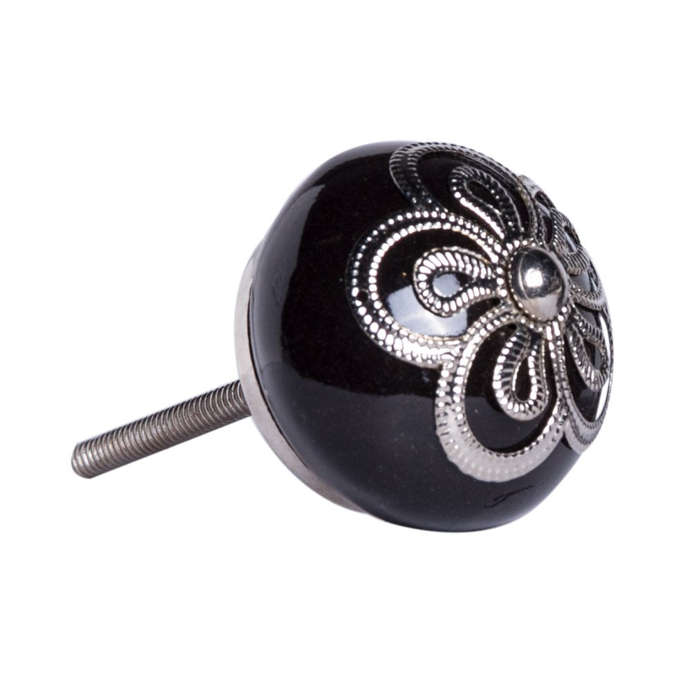 Set of Eight Black And Silver Ceramic And Metal Drawer Pull Knobs